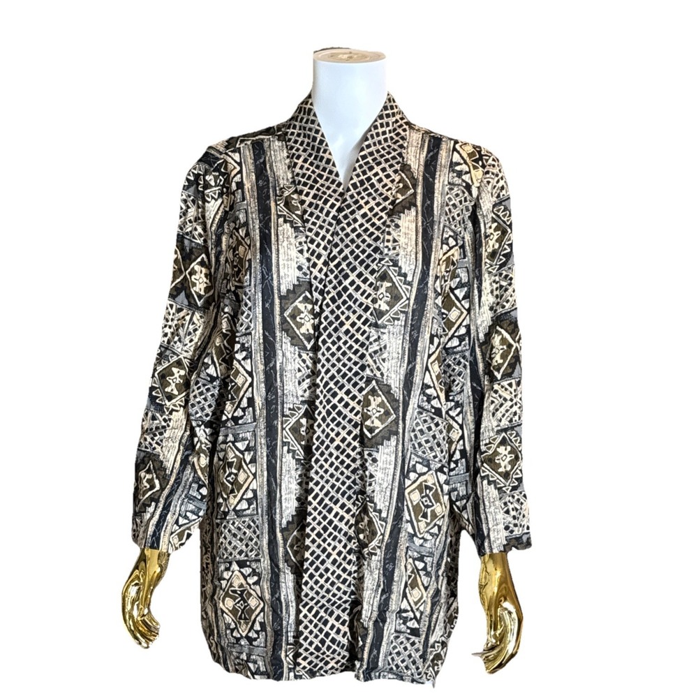 Cardigan Geometric Tribal Print Black Tan 12 Alfred‎ Dunner Open Front Vintage